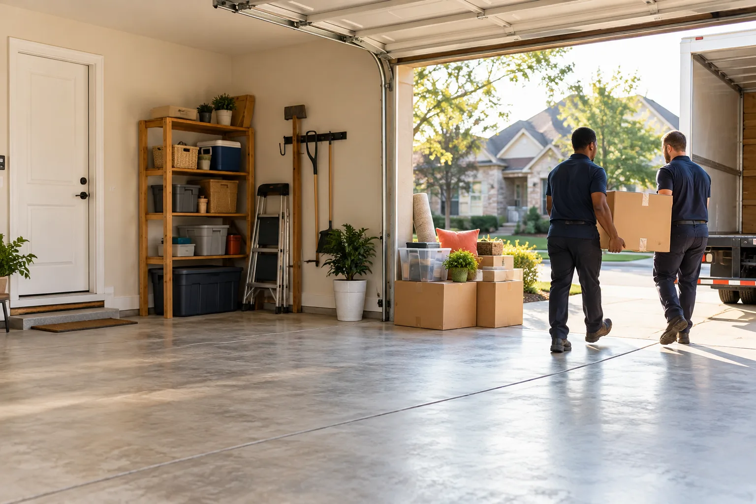 Organized garage cleanout with items moving toward a loading truck