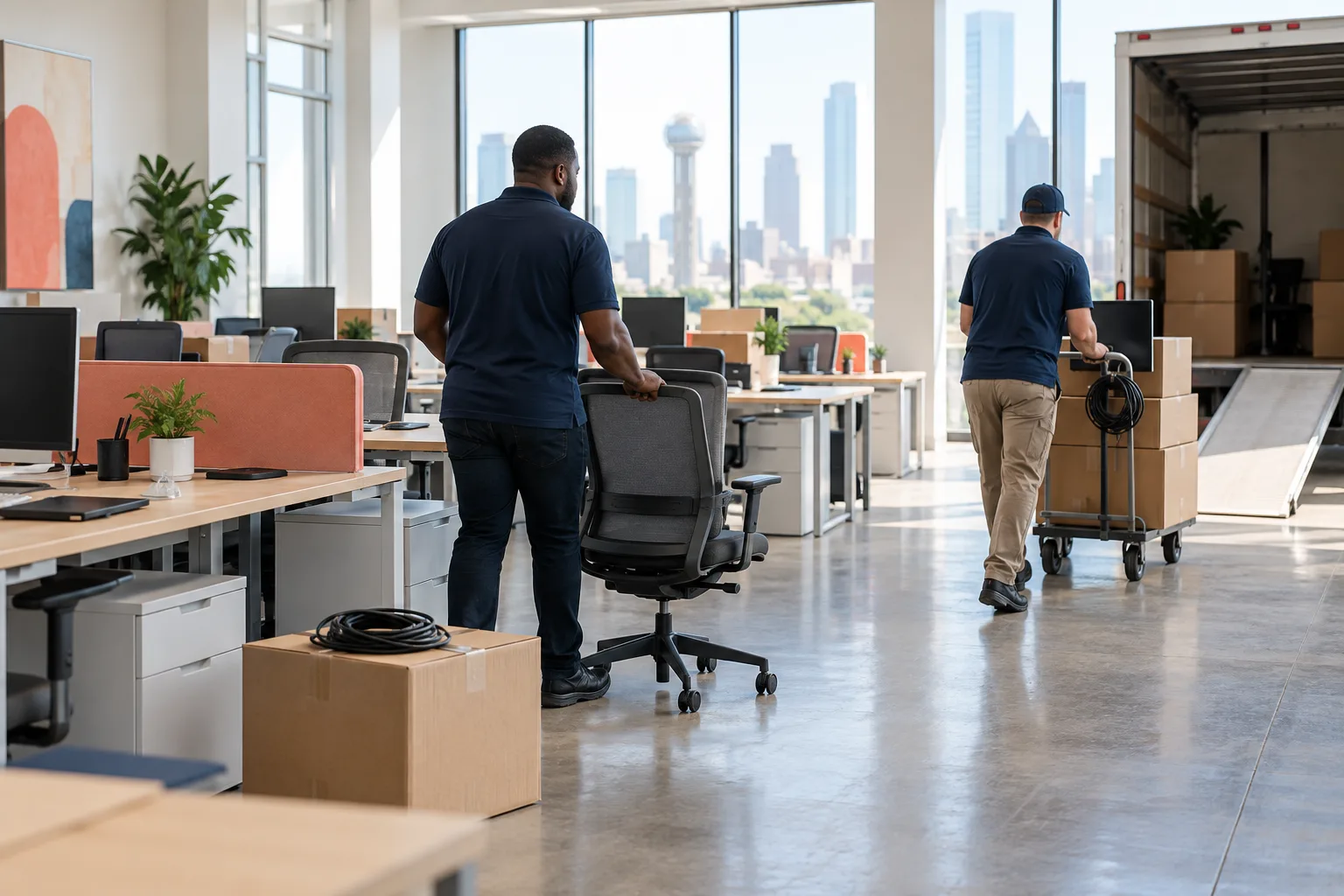 Cleanout professionals preparing office cleanouts items for loading