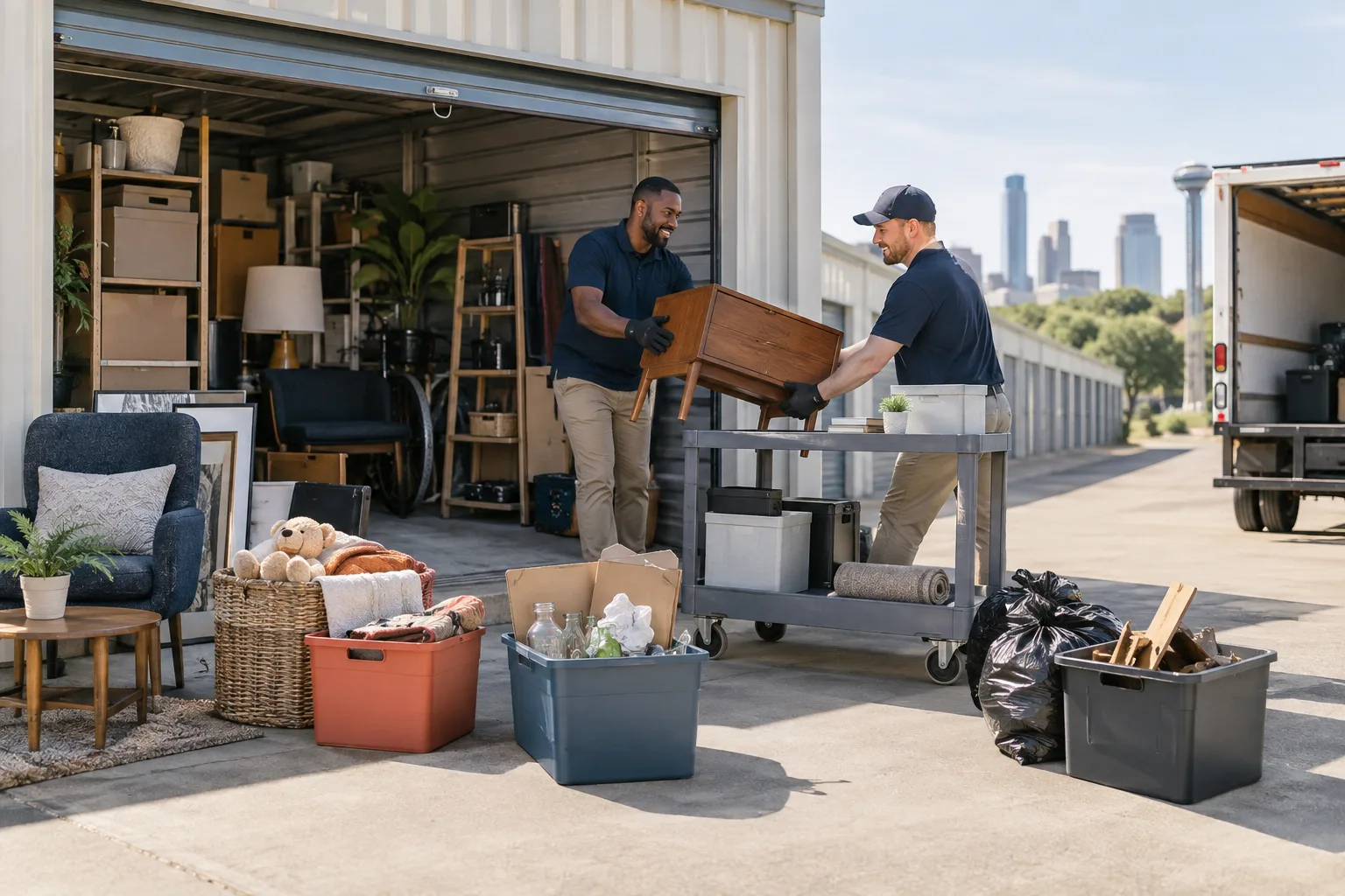 Cleanout professionals preparing storage unit cleanouts items for loading